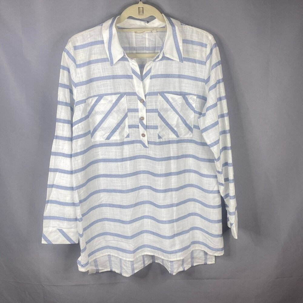 Soft Surroundings White and Light Blue Striped Popover Shirt